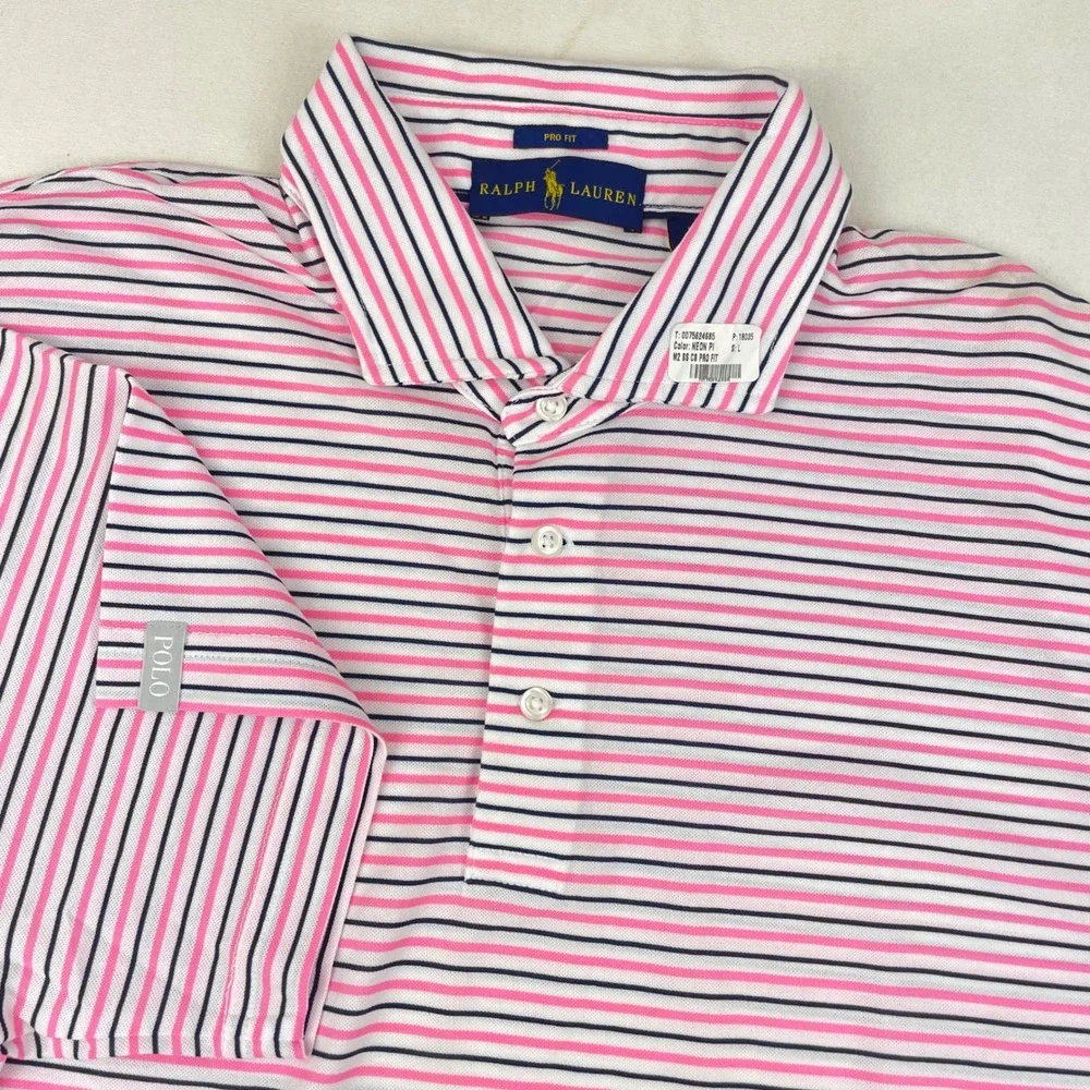 Ralph Lauren Pro Fit Men Polo Shirt Large Pink Navy Blue Striped Short Slv NWOT
